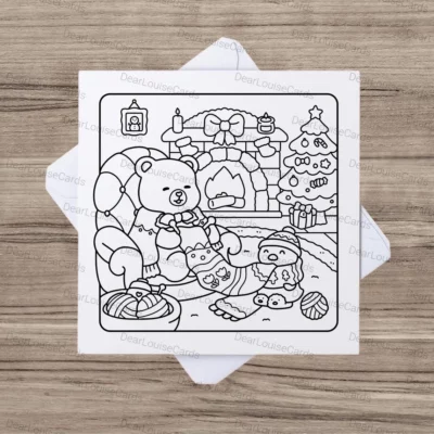 Cosy Bear Fireplace Christmas Colouring Card
