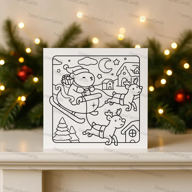 1 Santa Capybara Sleigh Christmas DIY Colouring Card
