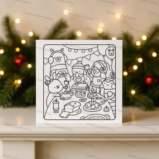 Christmas Dinner Party DIY Colouring Card – Festive Holiday Greeting