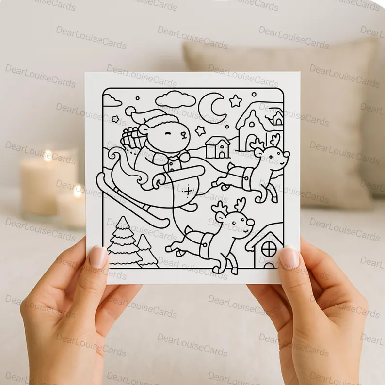 2 Santa Capybara Sleigh Christmas DIY Colouring Card