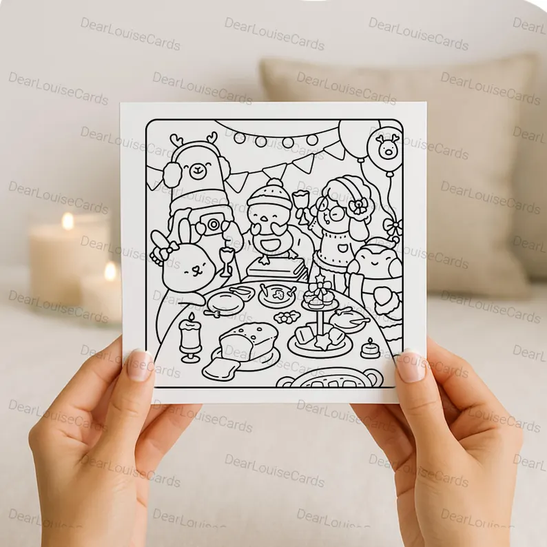 2 Christmas Dinner Party DIY Colouring Card