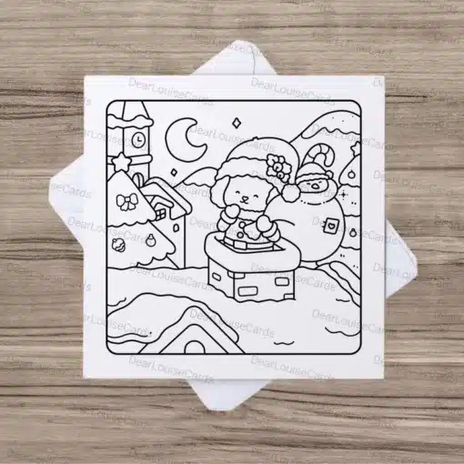 Santa’s Helper Rooftop Christmas DIY Colouring Card – Cute Festive Holiday Greeting