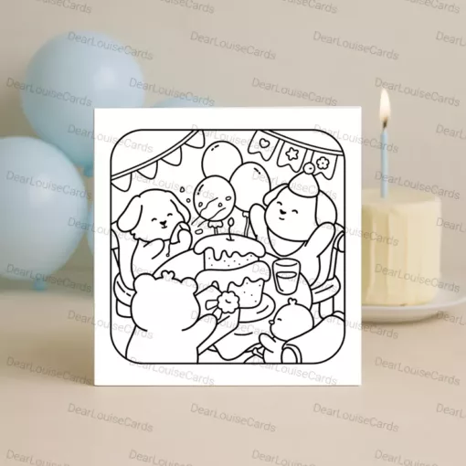 Animal Birthday Party DIY Colouring Card – Cute Happy Birthday Greeting