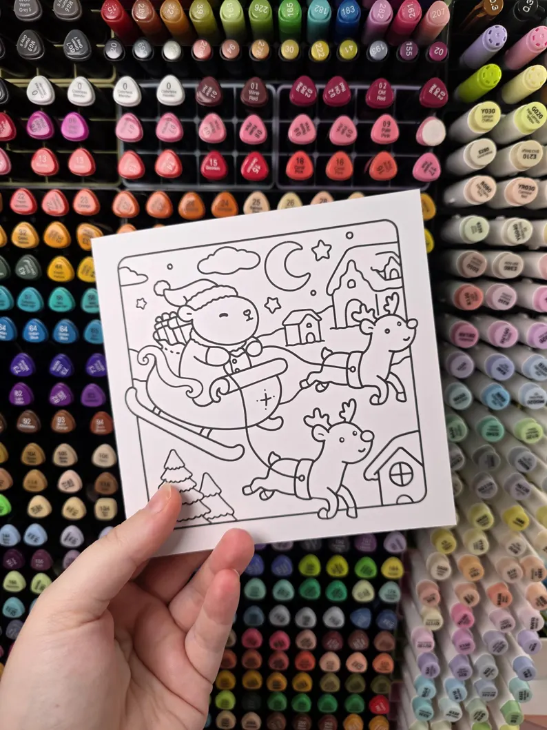 3 Santa Capybara Sleigh Christmas DIY Colouring Card