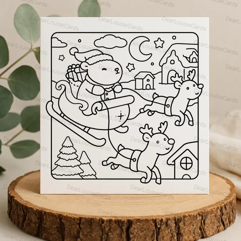 4 Santa Capybara Sleigh Christmas DIY Colouring Card