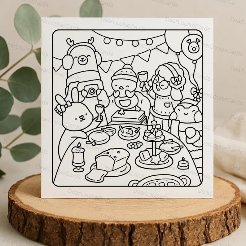 4 Christmas Dinner Party DIY Colouring Card