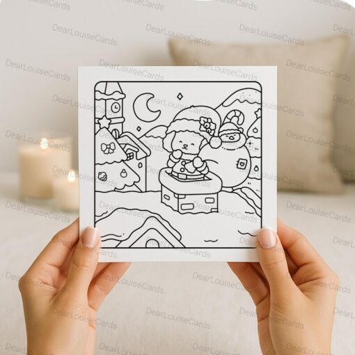 Santa’s Helper Rooftop Christmas DIY Colouring Card – Cute Festive Holiday Greeting