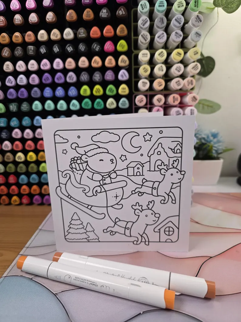5 Santa Capybara Sleigh Christmas DIY Colouring Card