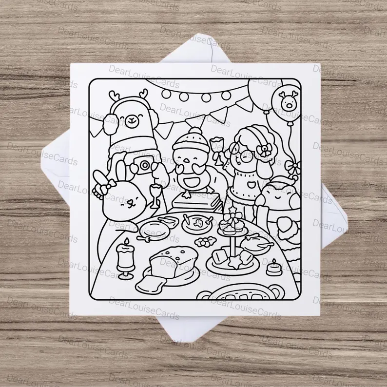 5 Christmas Dinner Party DIY Colouring Card