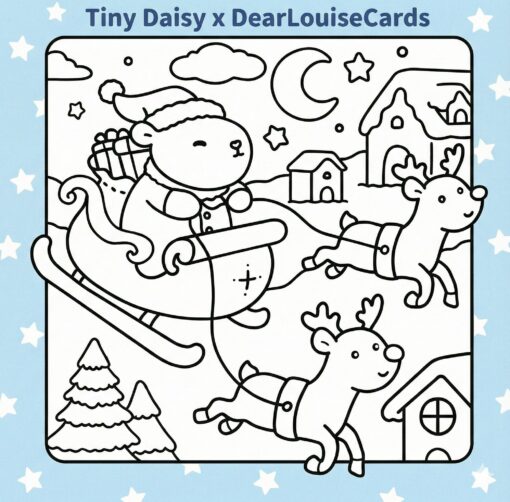Santa Capybara Sleigh Christmas DIY Colouring Card 6x6 festive greeting