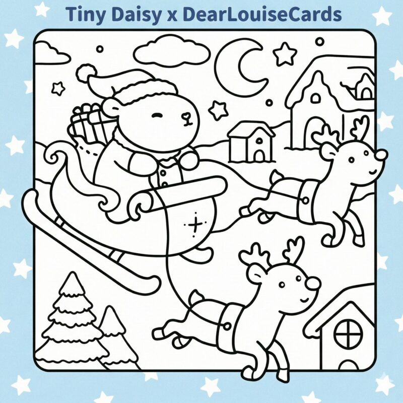 Santa Capybara Sleigh Christmas DIY Colouring Card