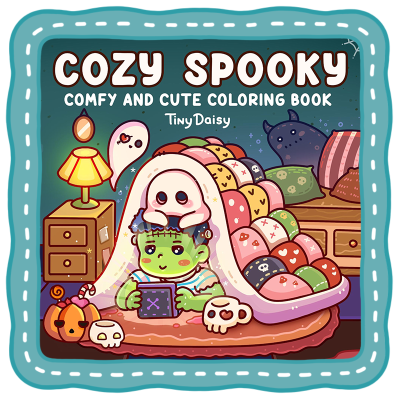 spooky coloring book cute ghost cozy halloween autumn hygge scene