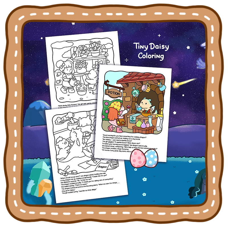 Back Cover Tiny Tales – Cozy Fantasy Story Coloring Book (Cover Version 2: Midnight Dream, Size 8.5 x 8.5 inches)