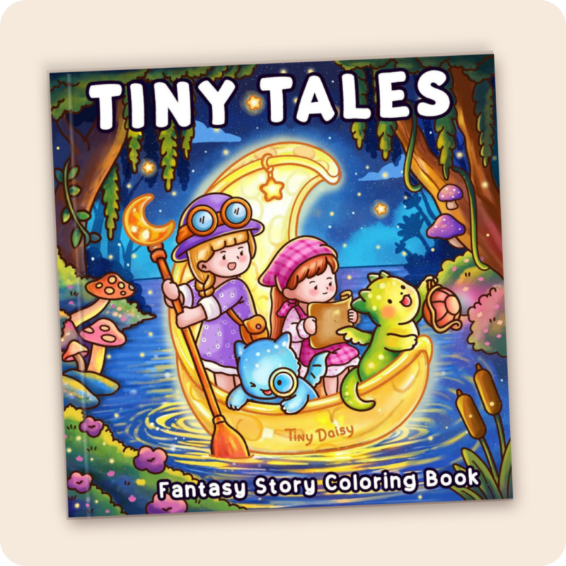 Tiny Tales – Cozy Fantasy Story Coloring Book (Cover Version 3: Moonlight Joy, Size 8.5 x 8.5 inches)