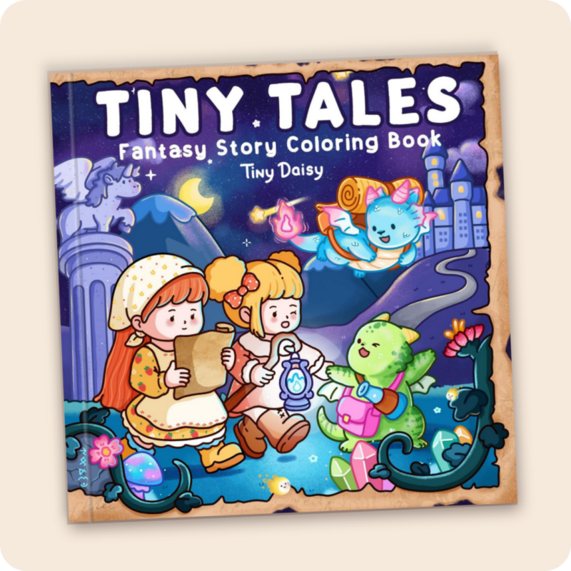Tiny Tales – Cozy Fantasy Story Coloring Book (Cover Version 2: Midnight Dream, Size 8.5 x 8.5 inches)