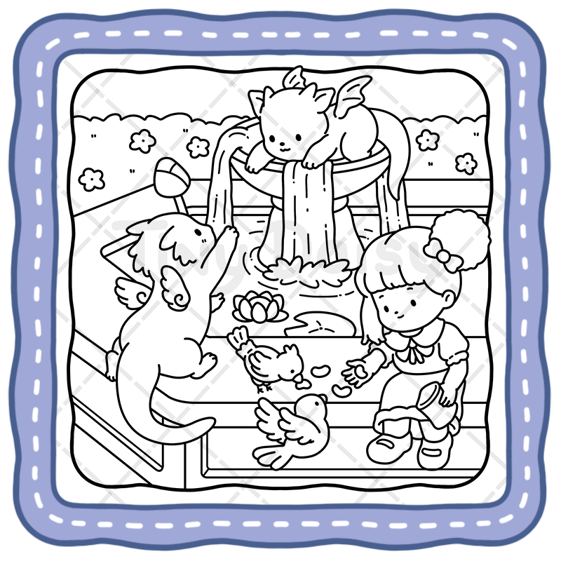 a5 Tiny Tales – Cozy Fantasy Story Coloring Book (Cover Version 1: Daylight Magic, Size 8.5 x 8.5 inches)