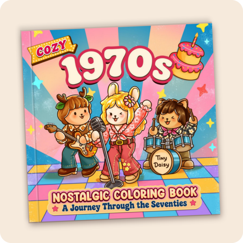 Cozy 1970s Coloring Book for Adults and Teens - Nostalgic 70s Fun Facts (8.5x8.5 inch) | Rock Band Cover